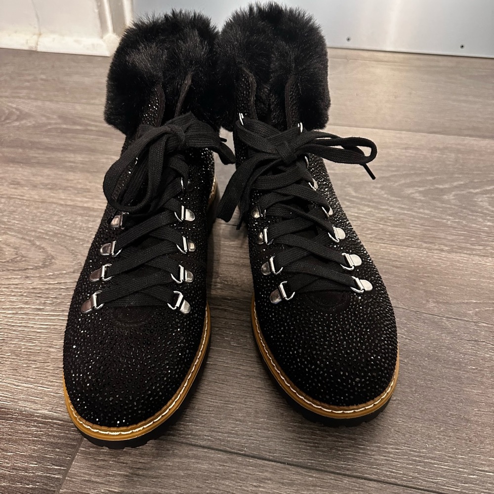 Brand new INC hiker boots with black rhinestones and faux fur Women’s size 10